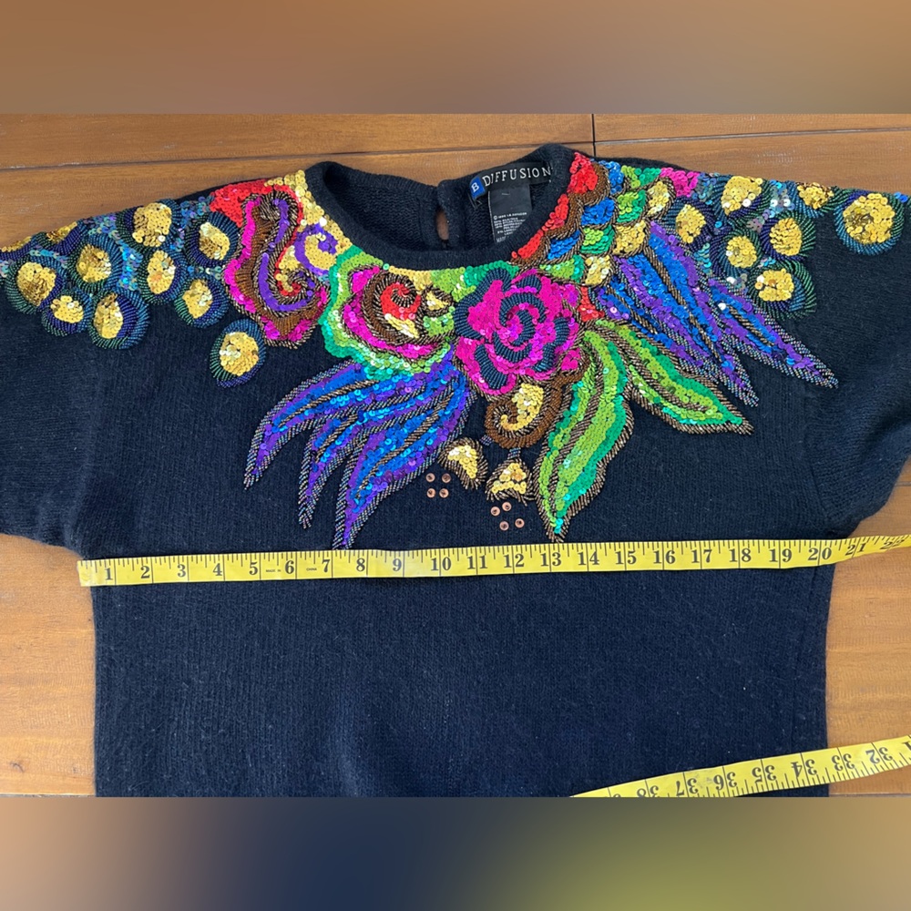 I.B. Diffusion Floral Sequined Silk Angora Sweater Black Fuzzy Vintage 90’s - Picture 13 of 15